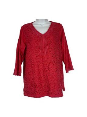 Grayson Womens Red Crochet Lace Tunic Top Size 1X 3/4 Sleeve Cotton Blend